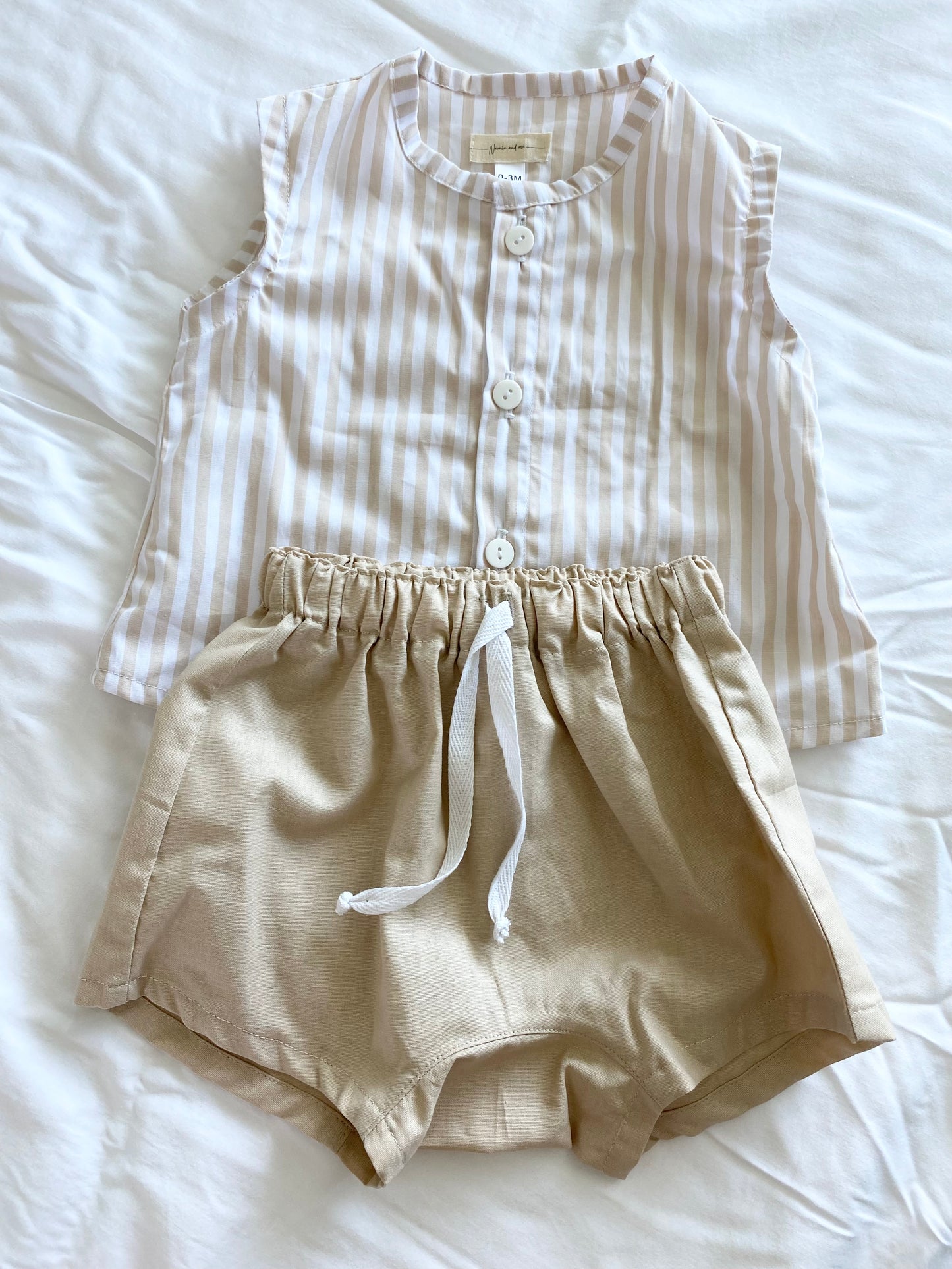 Zai Zai Baby Short Set - 100% Cotton - Beige Stripe Buttoned Top with Beige Drawstring Shorts