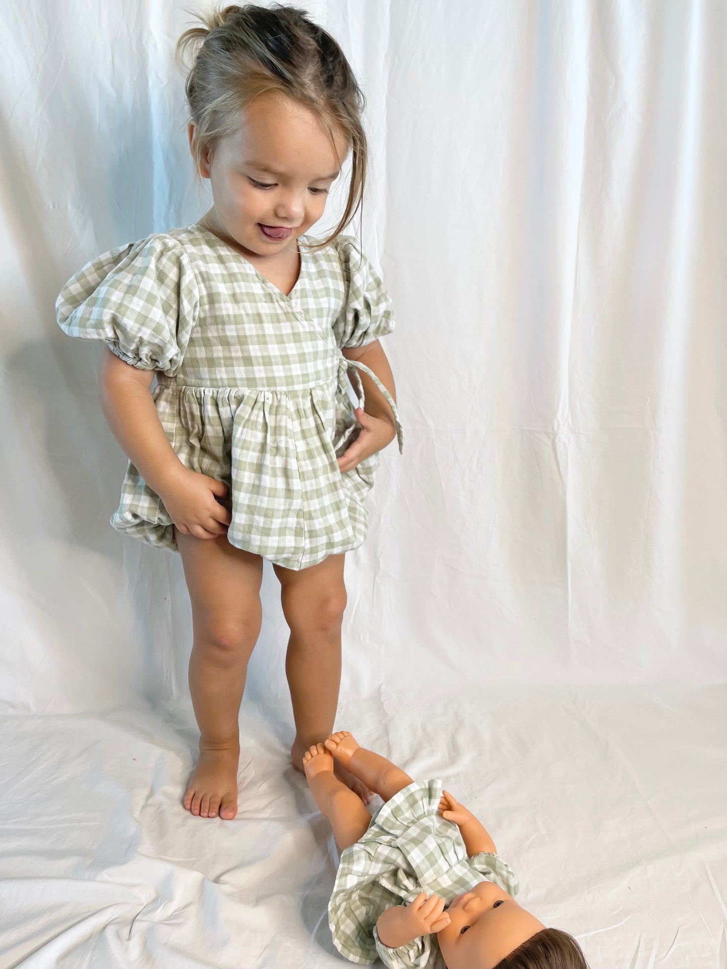 Ellis Wrap Romper - Cotton Double Cloth Gingham Sage
