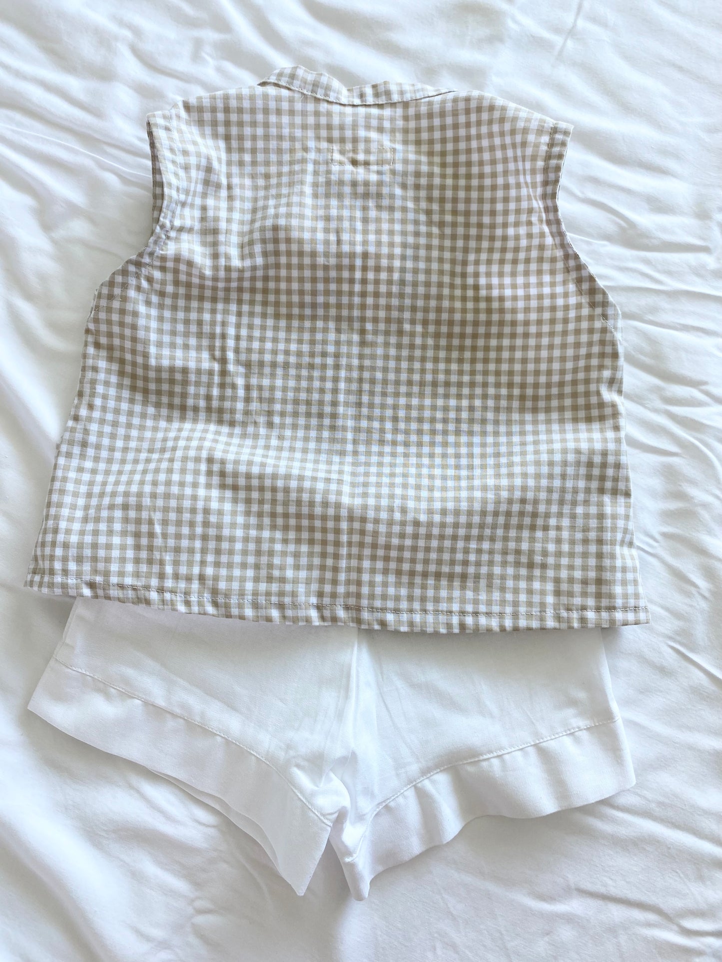 ZaiZai Baby Boy Short Set - 100% Cotton  - Beige Gingham Buttoned Top with White Short