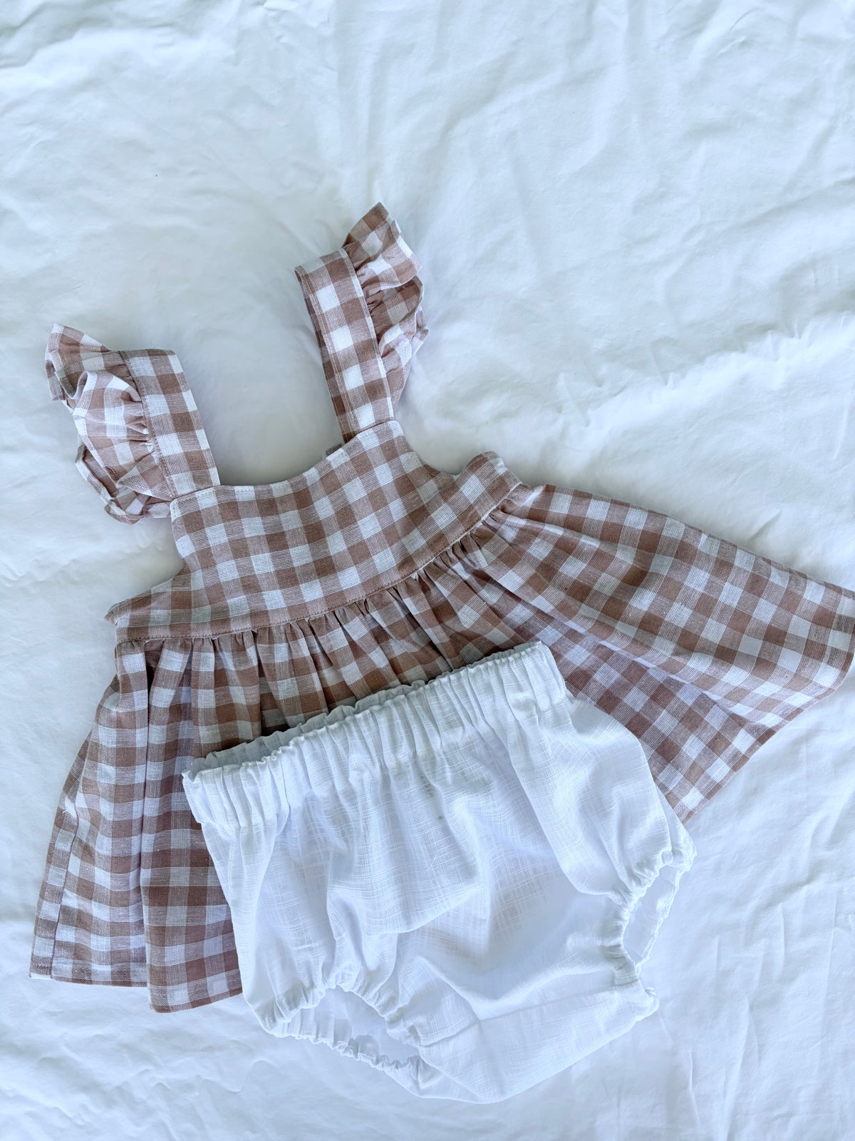 Marigold Peplum Set - Cotton Gingham Latte Peplum Top with White Cotton Bloomers
