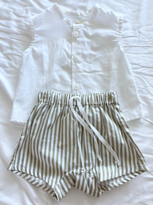 ZaiZai Baby Short Set - 100% Cotton - White Buttoned Top with Khaki Stripe Drawstring Short