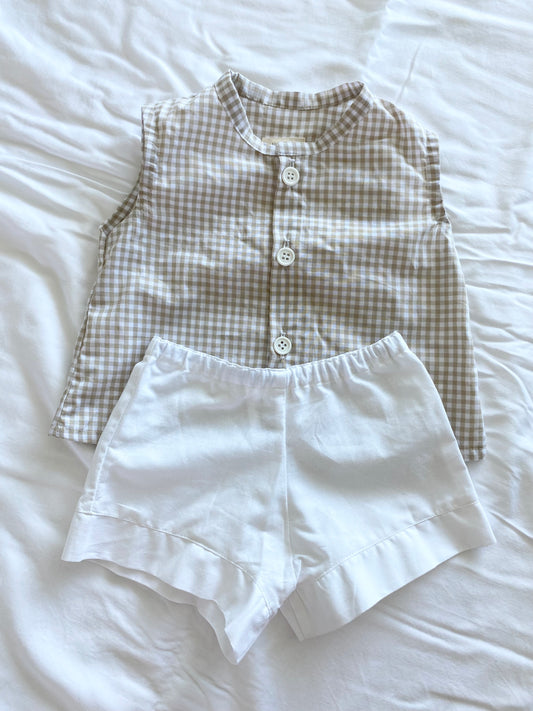 ZaiZai Baby Boy Short Set - 100% Cotton  - Beige Gingham Buttoned Top with White Short