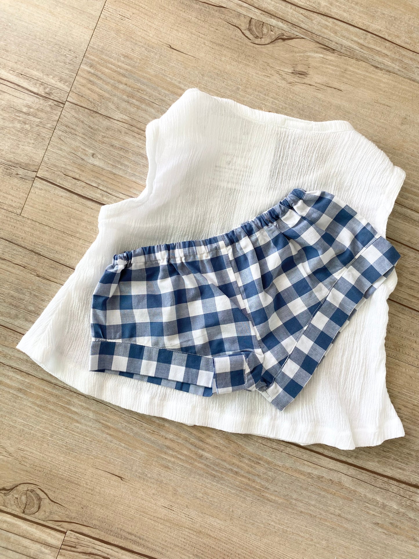 Top & Shortie Set - Cotton Gingham Blue Shortie and Cotton White Muslin Top