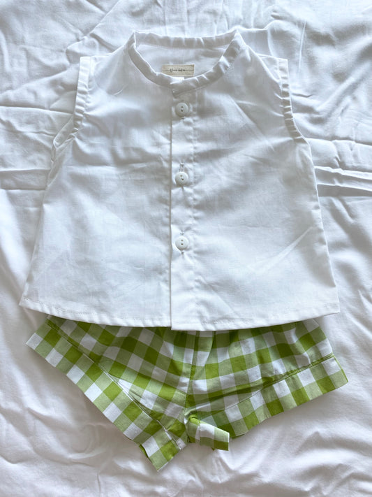 ZaiZai Baby Short Set - 100% Cotton - White Buttoned Top with Apple Green Gingham Boy Short