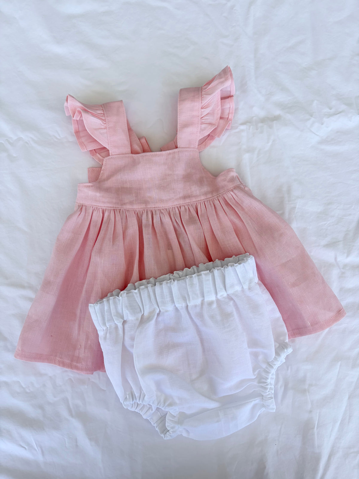 Marigold Peplum Set - Cotton Linen Soft Pink Top and White Bloomers