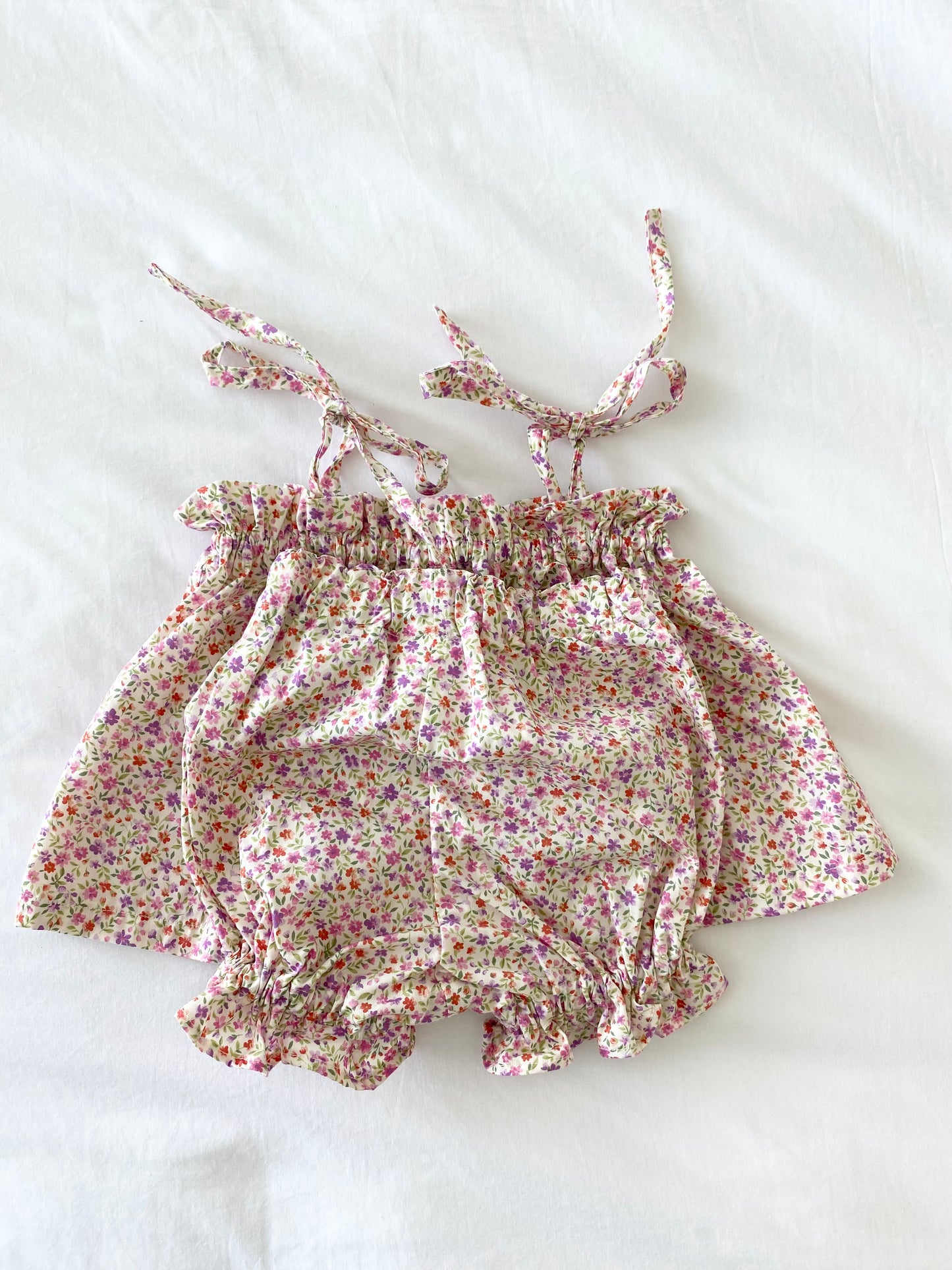 Libby Shoestring Peplum Top & Panty Bloomer Set - Cotton Poplin Multi Pink Sprig