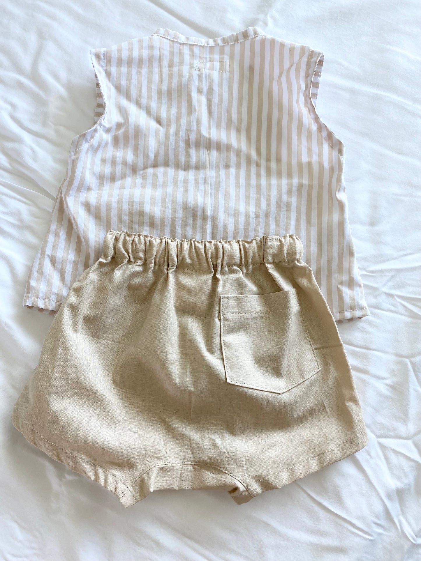 Zai Zai Baby Short Set - 100% Cotton - Beige Stripe Buttoned Top with Beige Drawstring Shorts