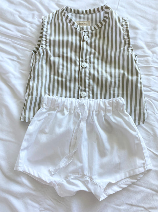ZaiZai Baby Short Set - 100% Cotton - khaki Stripe Buttoned Top with White Drawstring Short
