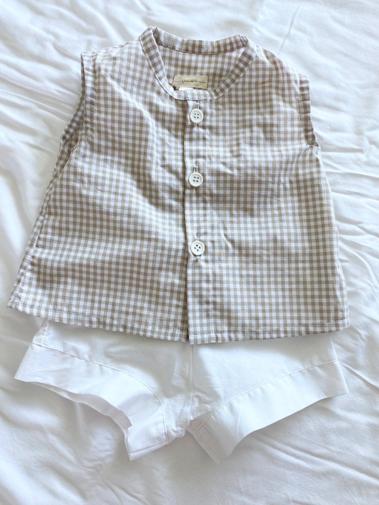 ZaiZai Baby Boy Short Set - 100% Cotton  - Beige Gingham Buttoned Top with White Short
