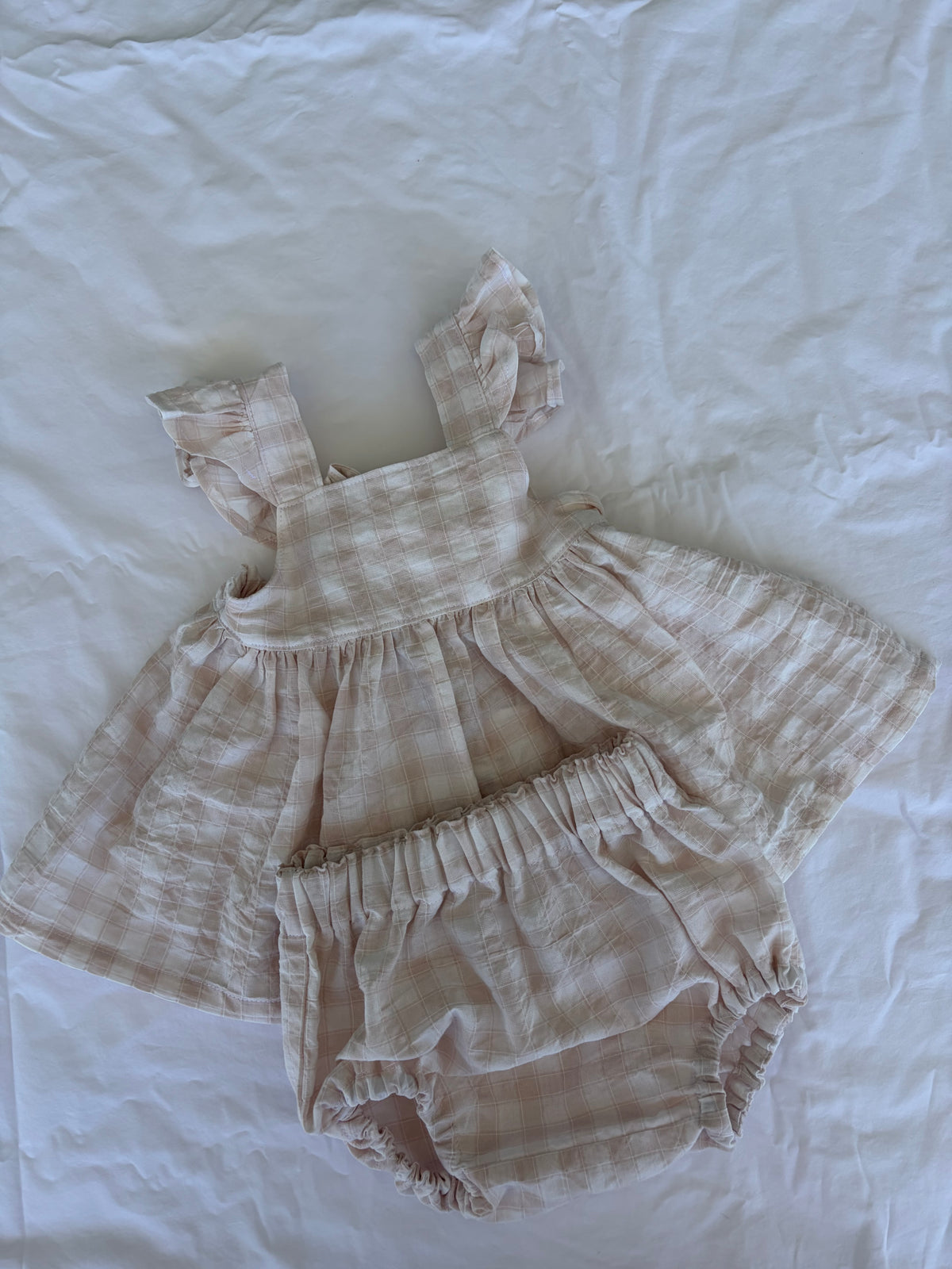Marigold Peplum Set - Cotton Seersucker Gingham Beige