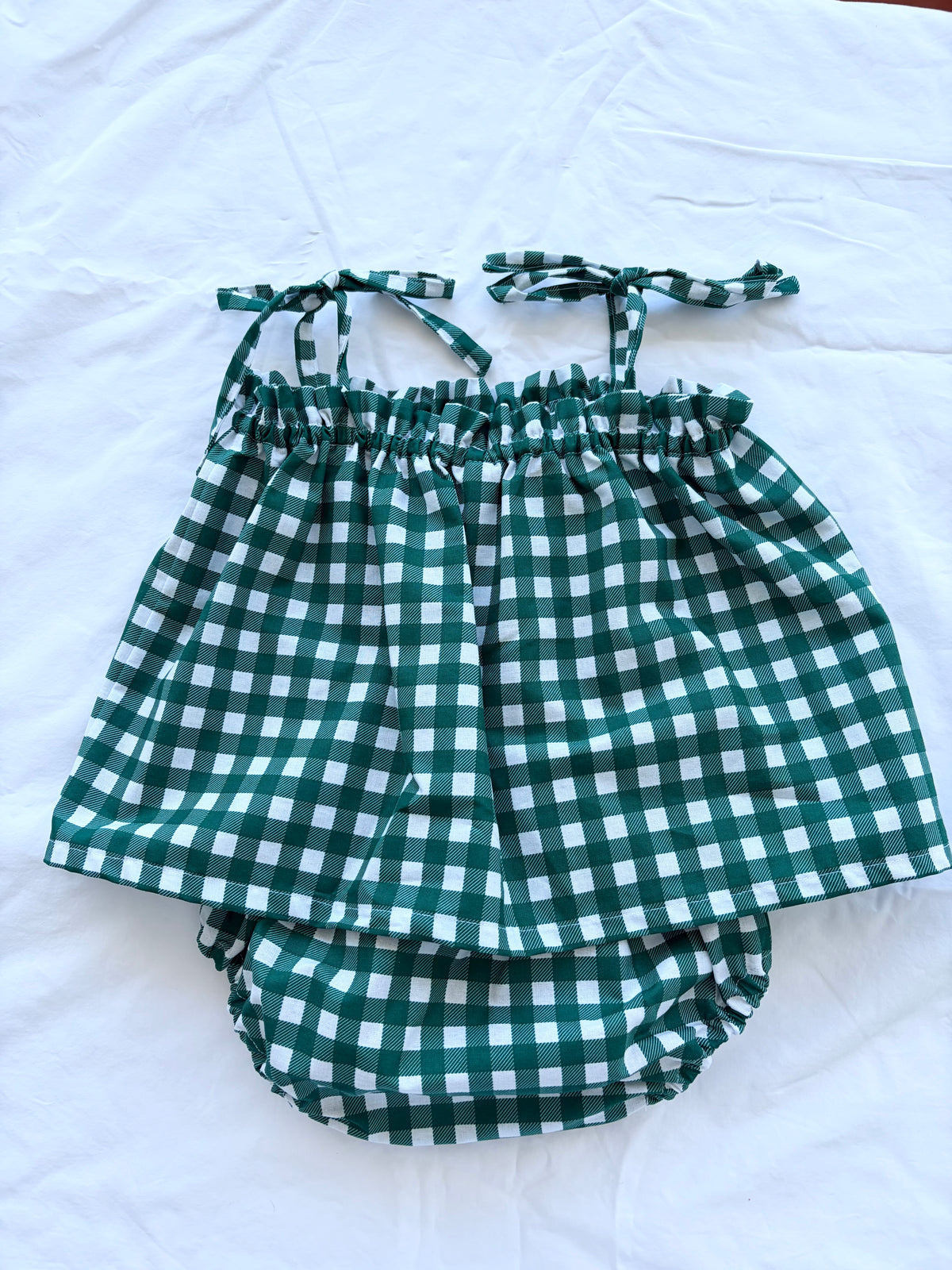 Christmas Shoestring Peplum Bloomer Set - Cotton Gingham Green Check