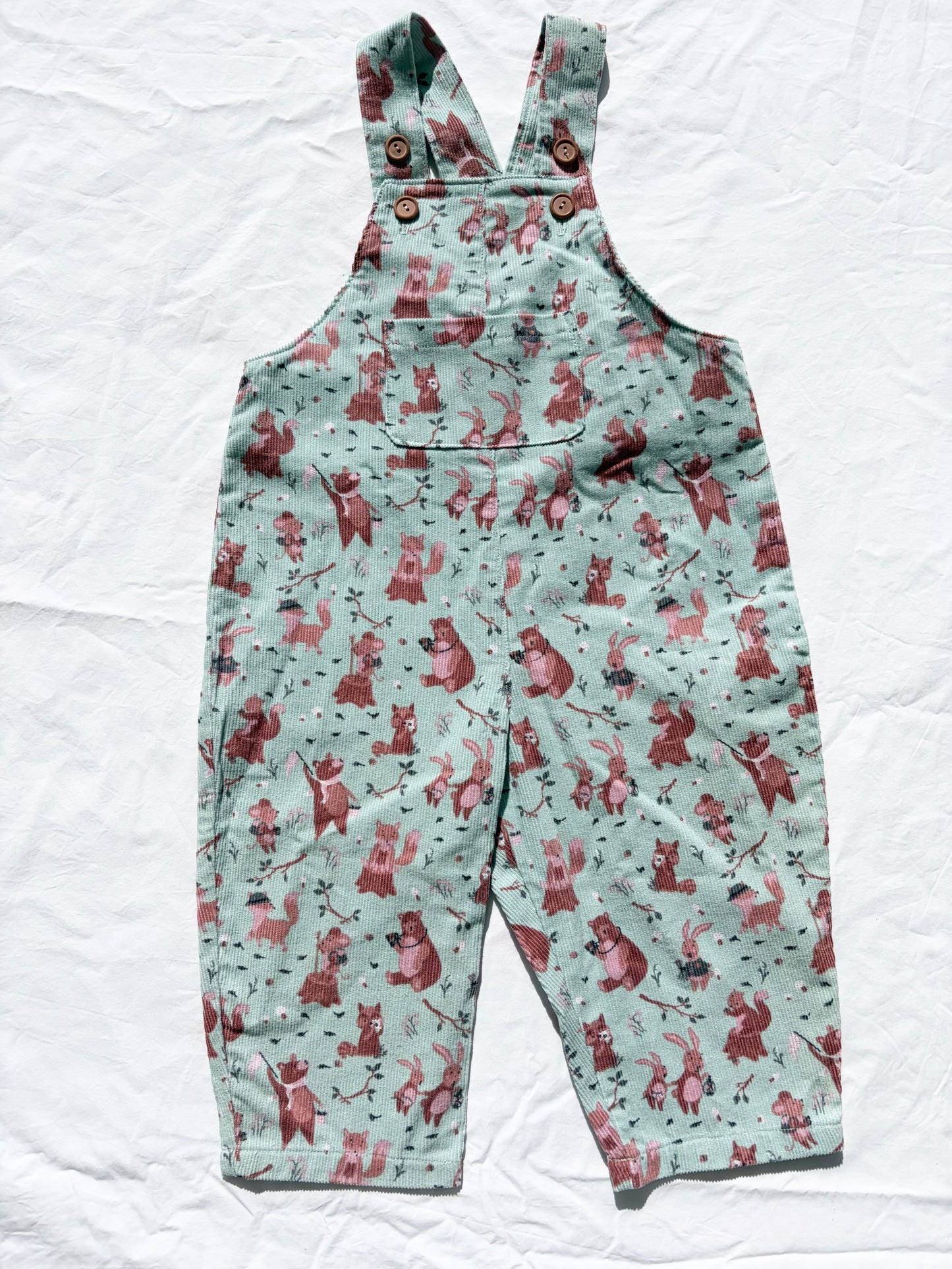 Sylvie Long Leg Overalls - Cotton Corduroy - Mint Green - Woodland Animals