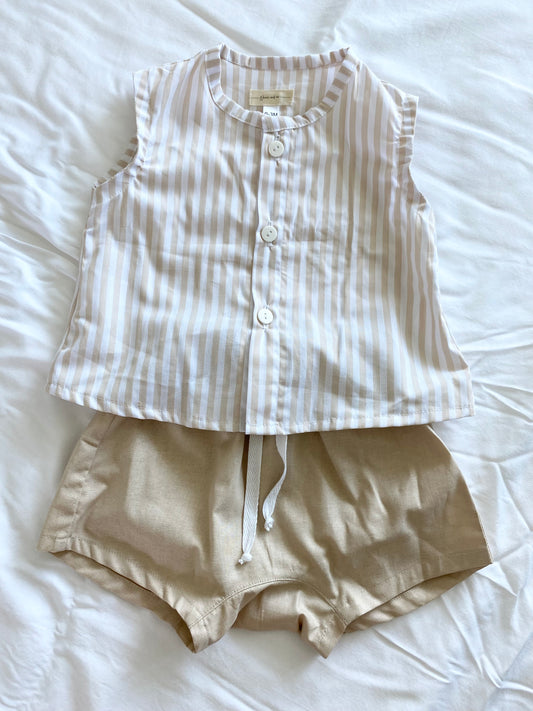 Zai Zai Baby Short Set - 100% Cotton - Beige Stripe Buttoned Top with Beige Drawstring Shorts