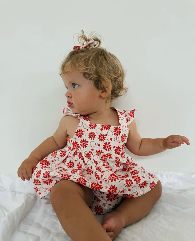 The Christmas Collection Marigold Peplum Set - Cream Cotton Red Retro Floral