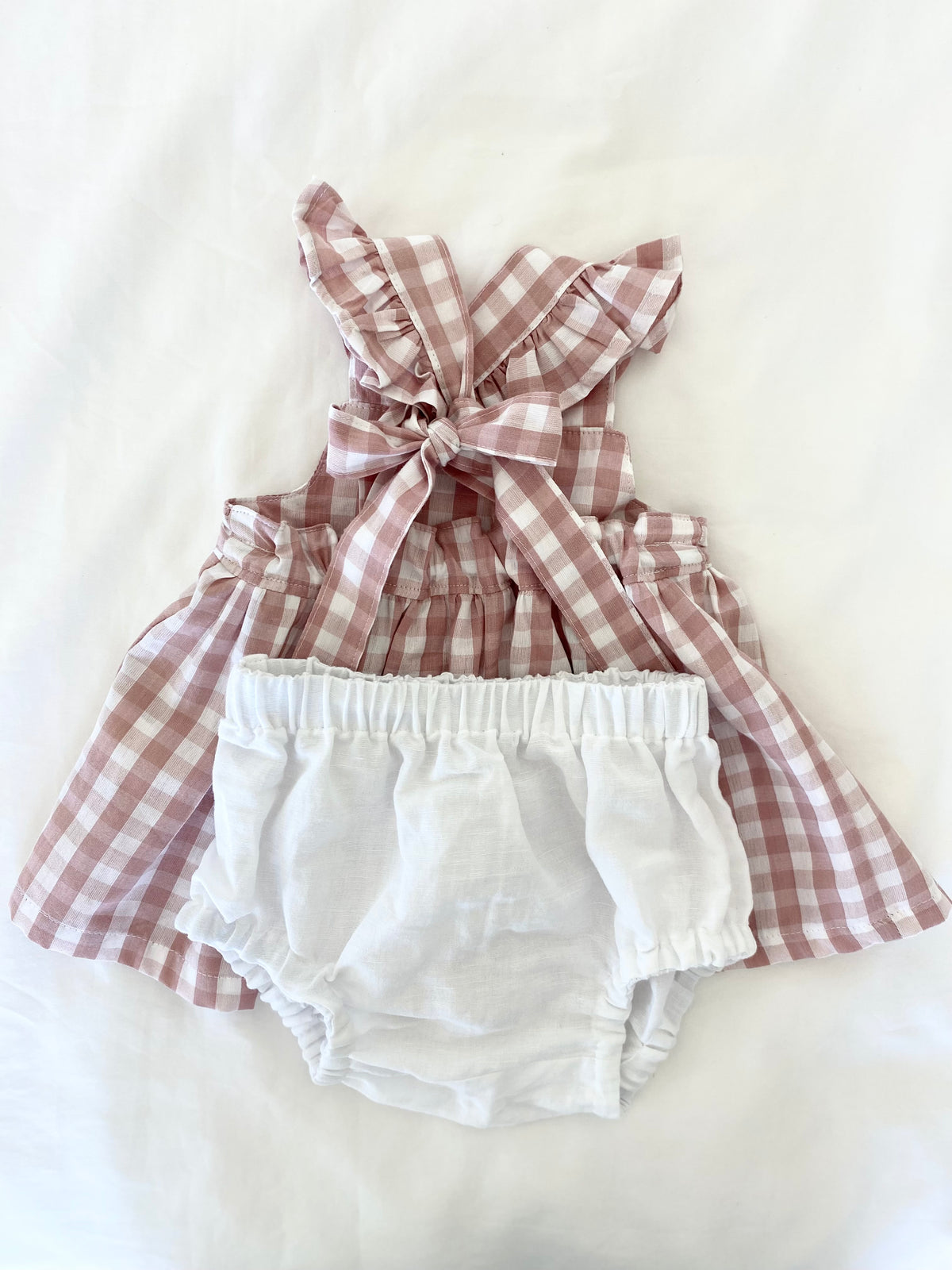 Marigold Peplum Set - Cotton Gingham Antique Pink and Cotton White Bloomers