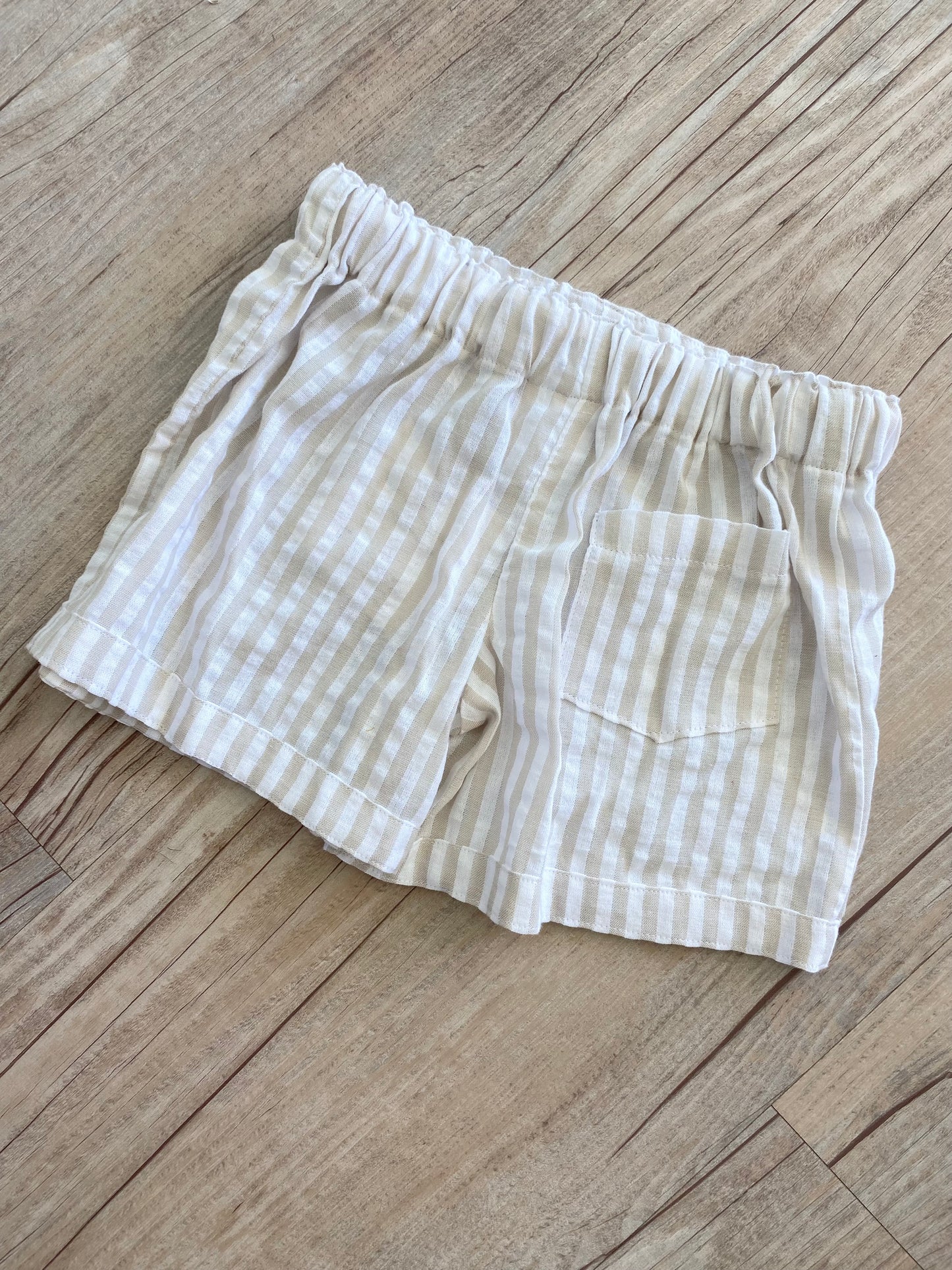 Capri Drawstring Striped Shorts - Cotton Linen - Beige Stripe