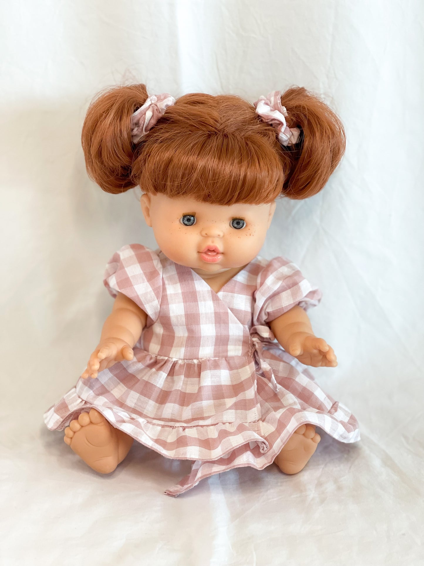 Ellis Wrap Dolls Dress - Cotton Gingham Antique Pink