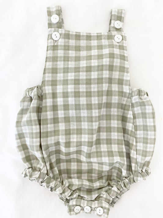 Unisex Romper - Cotton Double Cloth Gingham Sage