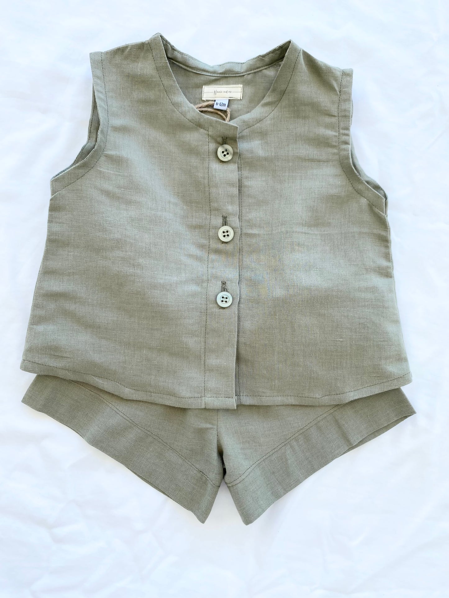Unisex Cotton Linen Shorts Top Set - Sage
