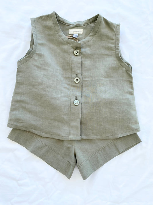 Unisex Cotton Linen Shorts Top Set - Sage