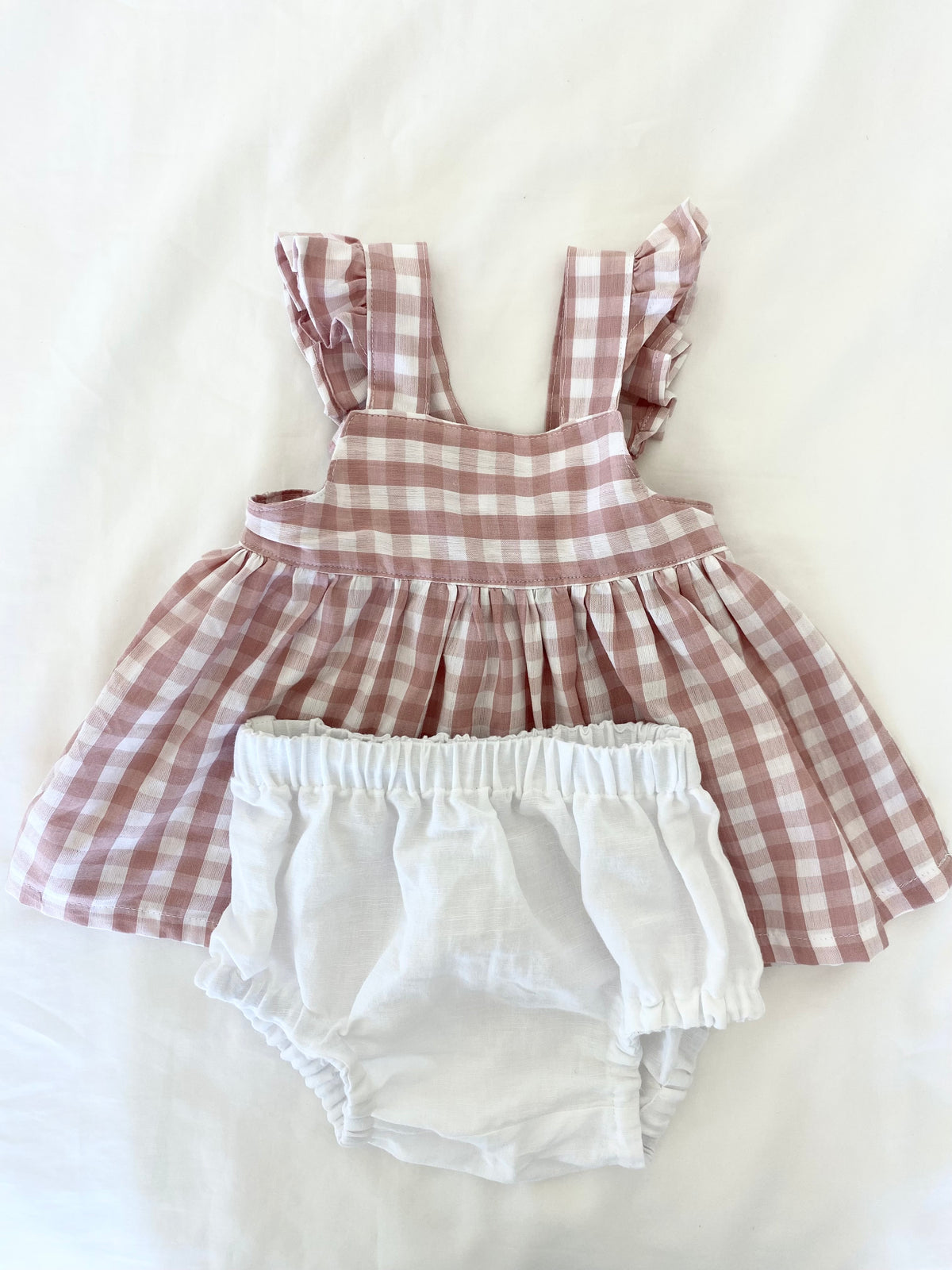 Marigold Peplum Set - Cotton Gingham Antique Pink and Cotton White Bloomers