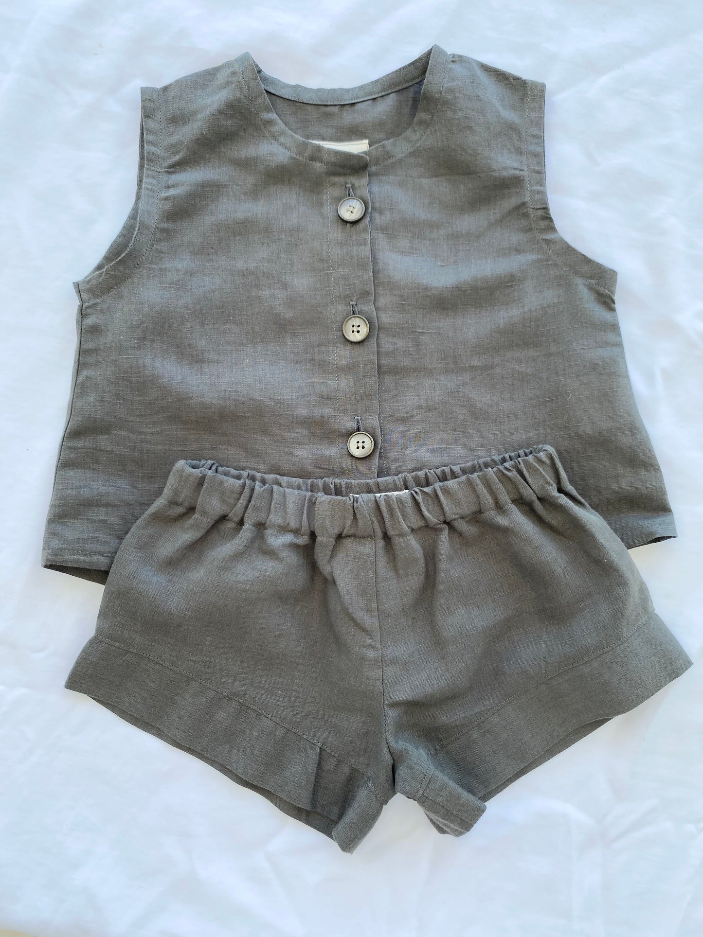 Unisex Cotton Linen Shorts Top Set - Army Green
