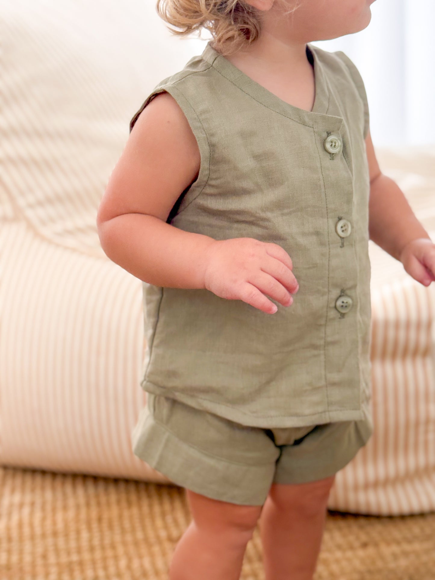 Unisex Cotton Linen Shorts Top Set - Sage