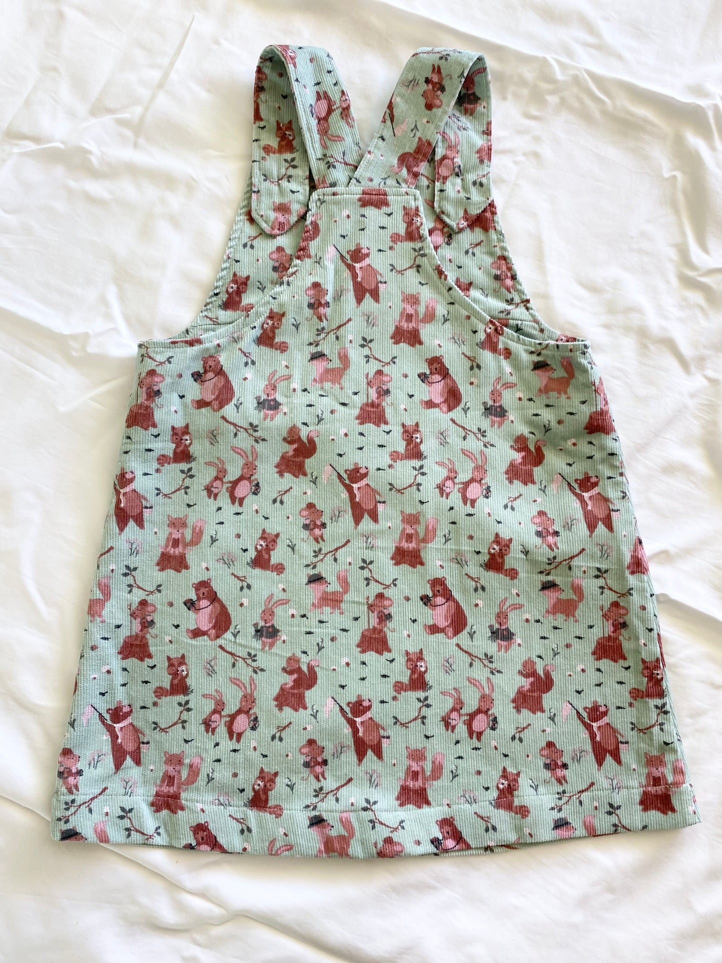 Sylvie Pinafore - Corduroy Mint Green Woodland Animals