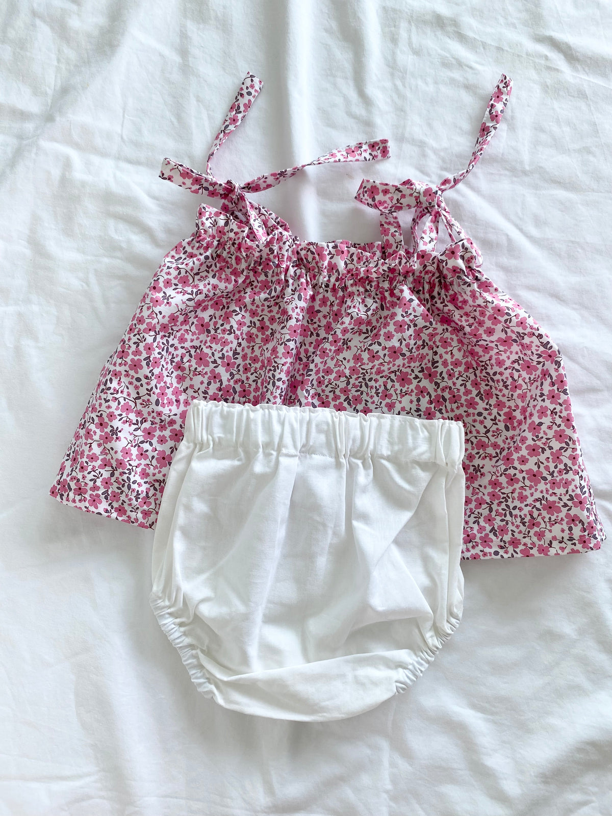 Capri Shoestring Peplum Set - Poplin Cotton Pink Floral Peplum Top and White Cotton Bloomers