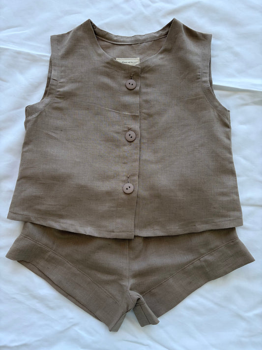 Unisex Cotton Linen Top Shorts Set - Taupe