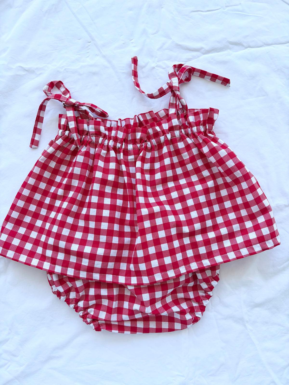 Christmas Shoestring Peplum Bloomer Set - Cotton Gingham Red Check