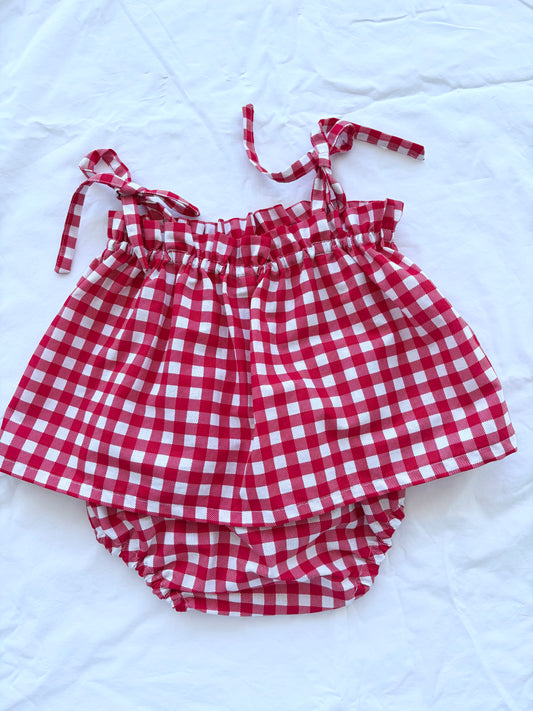 Christmas Shoestring Peplum Bloomer Set - Cotton Gingham Red and White Check