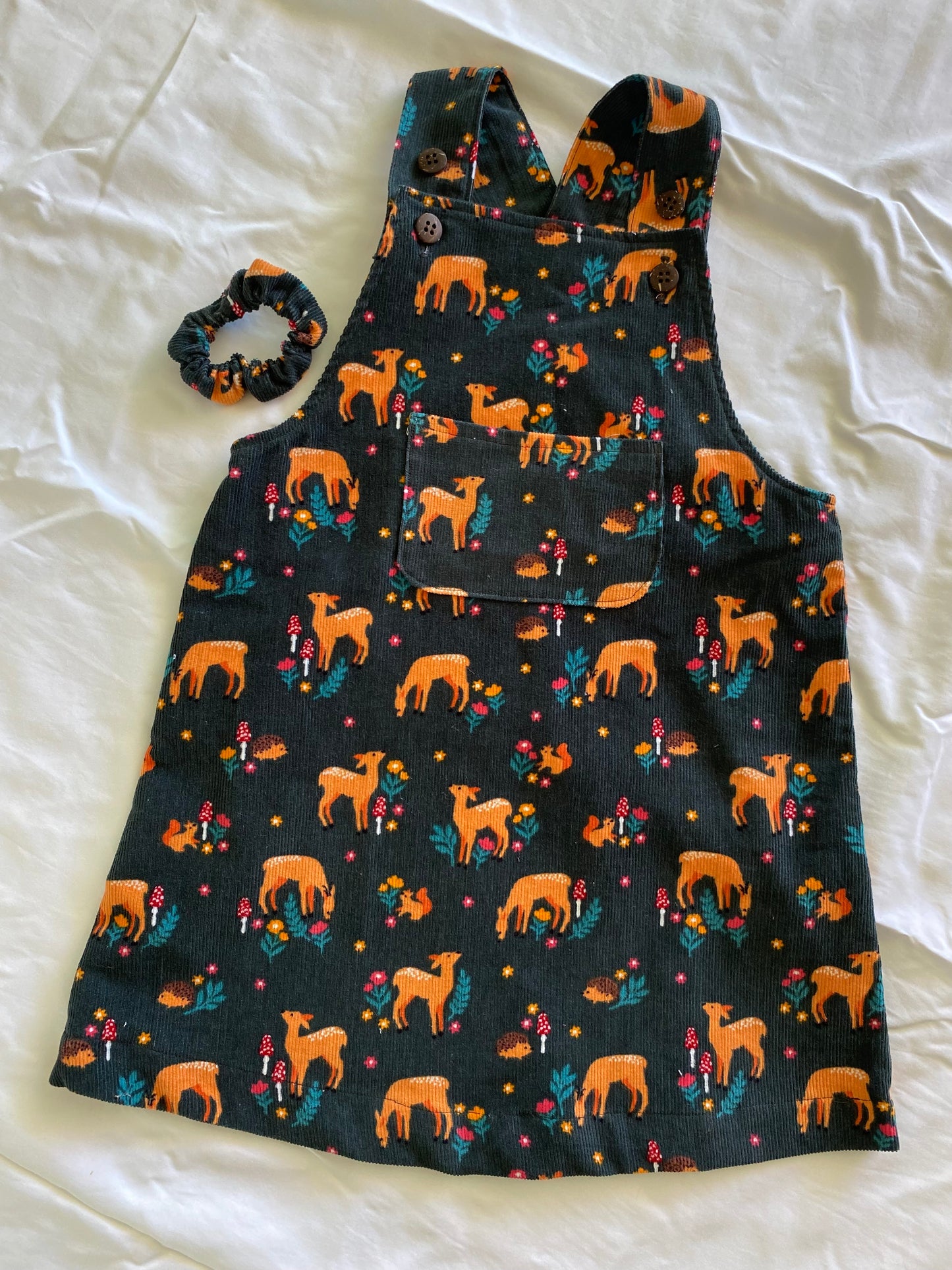 Sylvie Pinafore - Corduroy Forest Green Native Deer