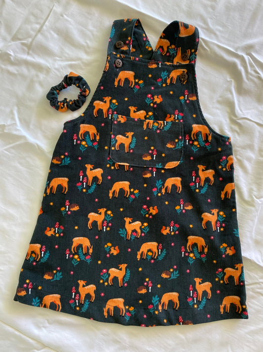 Sylvie Pinafore - Corduroy Forest Green Native Deer
