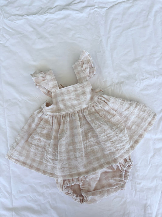 Marigold Peplum Set - Cotton Seersucker Gingham Beige