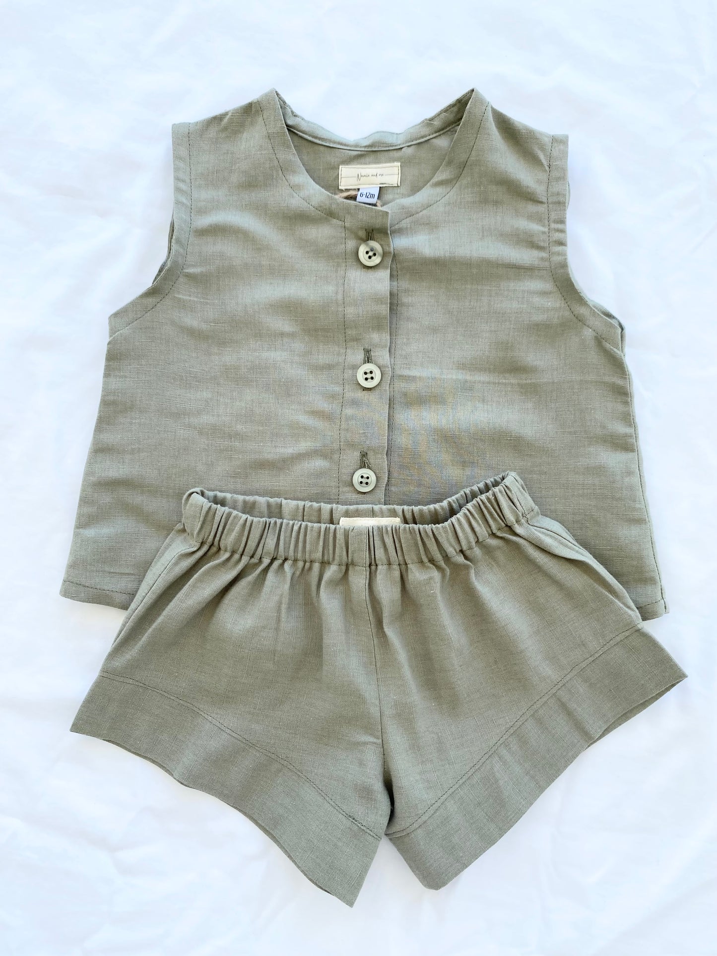 Unisex Cotton Linen Shorts Top Set - Sage
