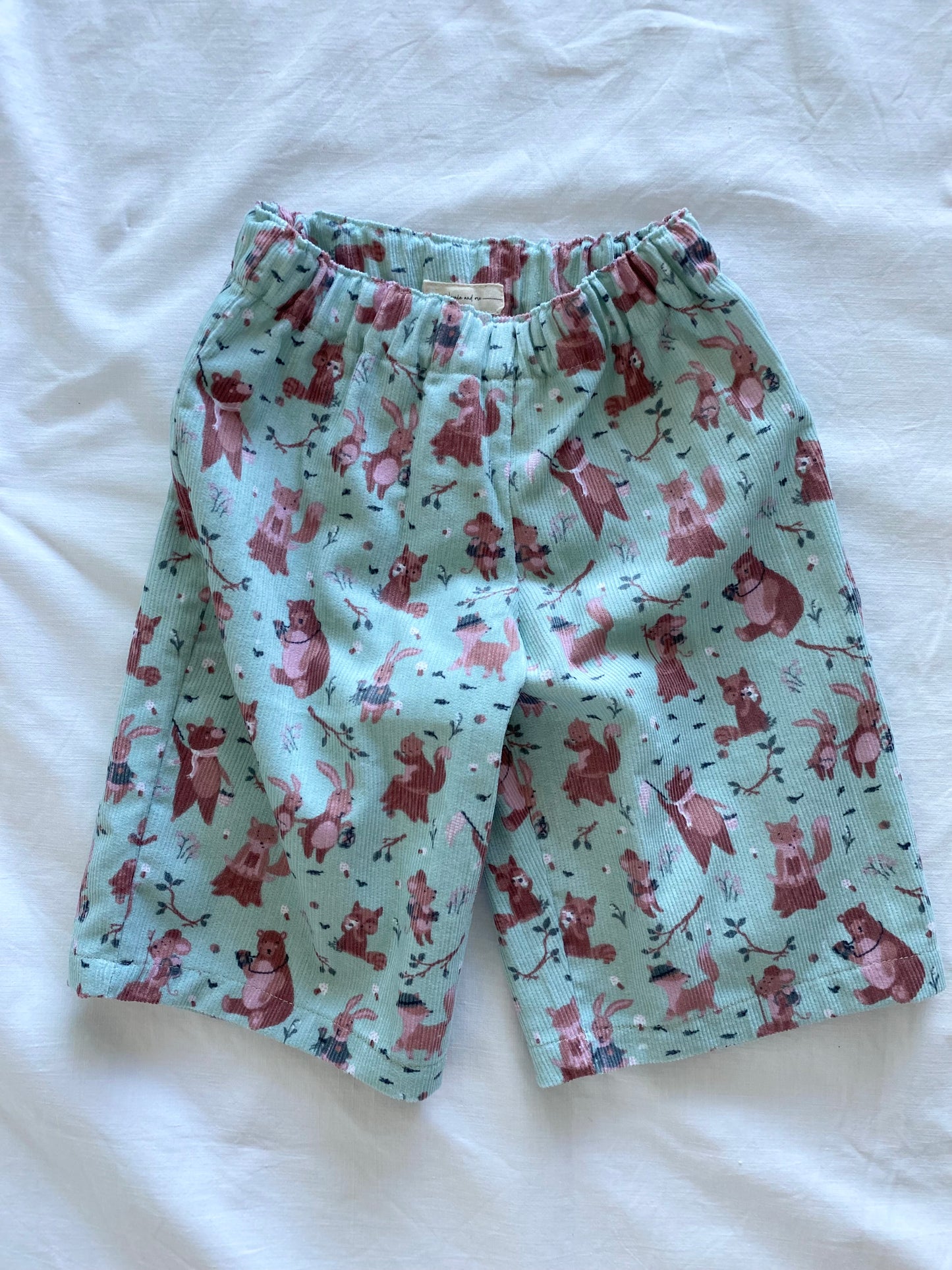 Sylvie Colette Pants - Corduroy Woodland Animals Mint Green