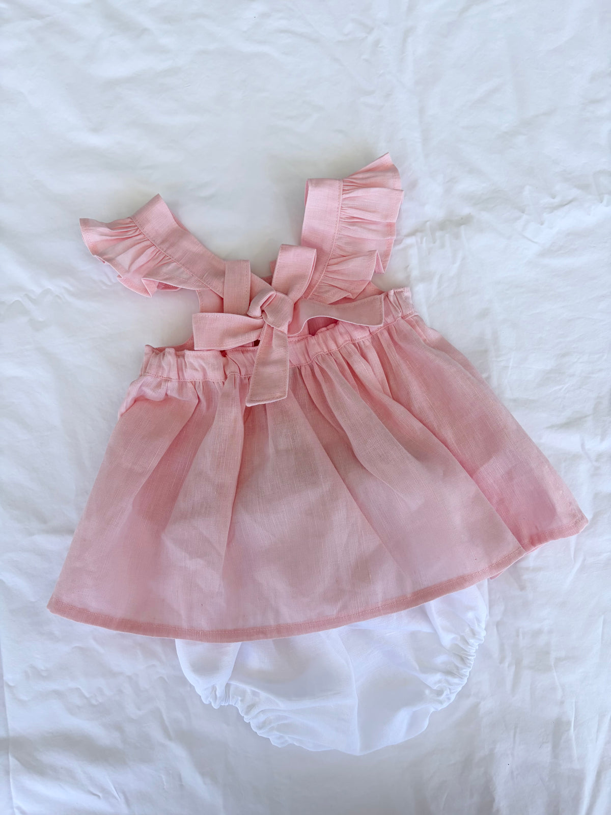 Marigold Peplum Set - Cotton Linen Soft Pink Top and White Bloomers