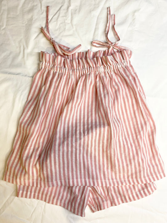 Capri Shoestring Striped Short Set - Cotton Linen - Pink Stripe