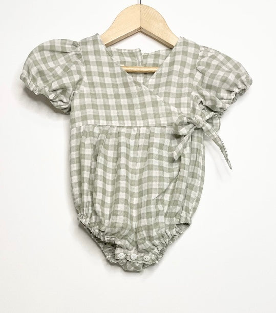Ellis Wrap Romper - Cotton Double Cloth Gingham Sage