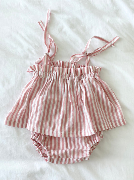 Capri Shoestring Peplum Set - Pink/White Stripe Linen Cotton