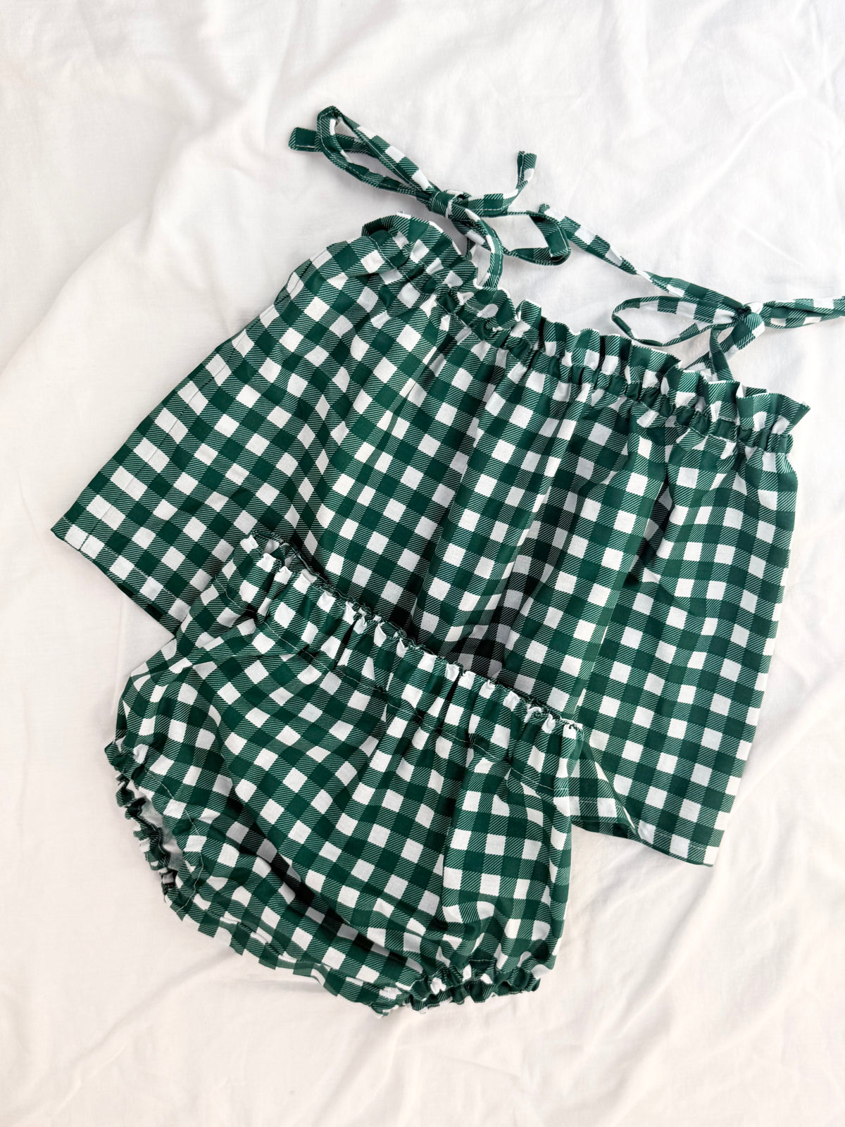 Christmas Shoestring Peplum Bloomer Set - Cotton Gingham Green Check