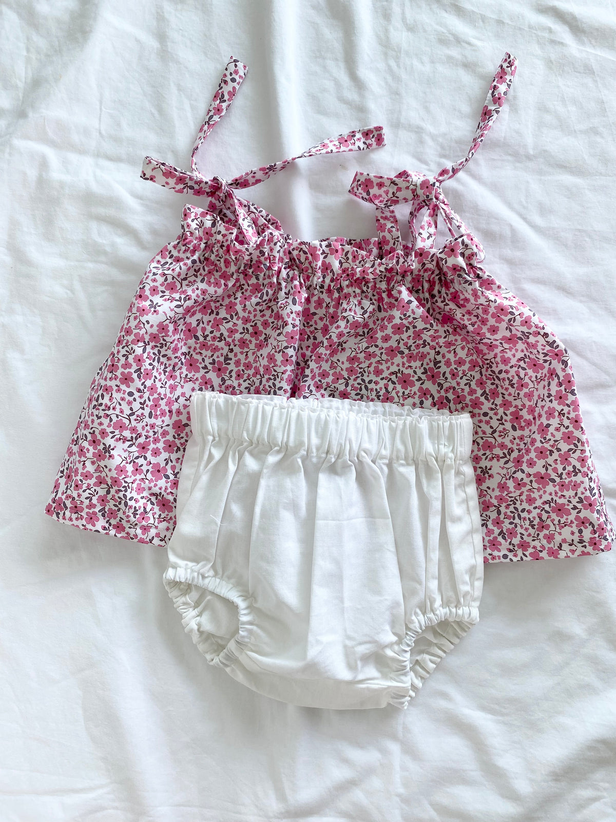 Capri Shoestring Peplum Set - Poplin Cotton Pink Floral Peplum Top and White Cotton Bloomers