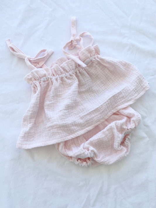 Baby Shoestring Peplum Set - Cotton Muslin - Baby Pink