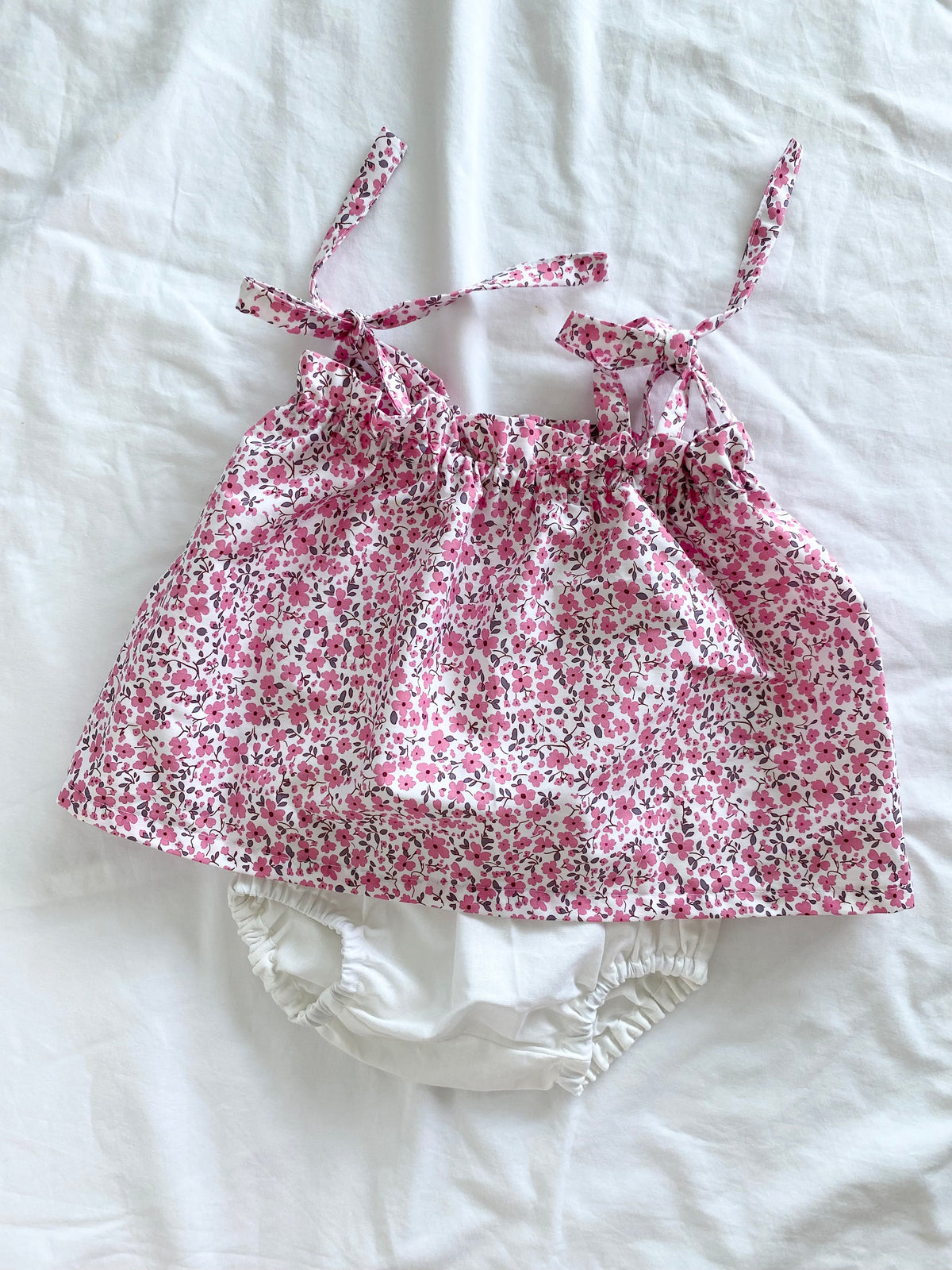 Capri Shoestring Peplum Set - Poplin Cotton Pink Floral Peplum Top and White Cotton Bloomers