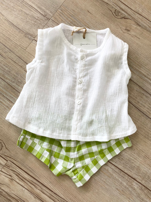 Top & Shortie Set - Cotton Gingham Green Shortie & Muslin White Top