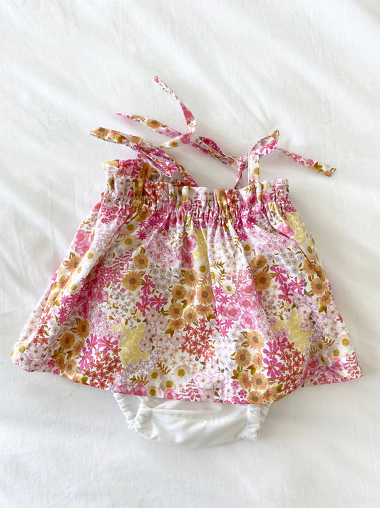 Libby Shoestring Peplum Set - Cotton Poplin Pink Yellow Top & White Cotton Bloomer