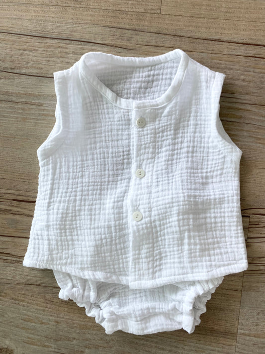 Unisex Buttoned Top/Pant Set ~ White Cotton Muslin
