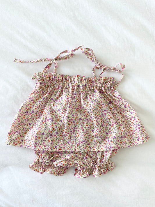 Libby Shoestring Peplum Top & Panty Bloomer Set - Cotton Poplin Multi Pink Sprig