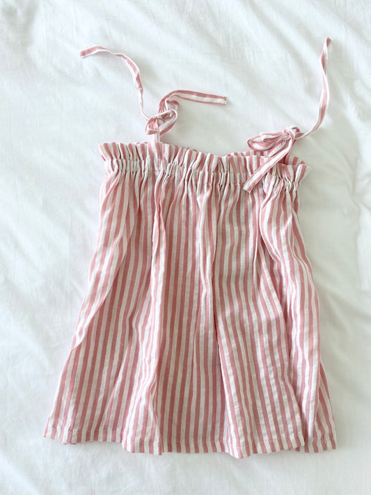 Capri Shoestring Dress - Pink/White Stripe Linen Cotton
